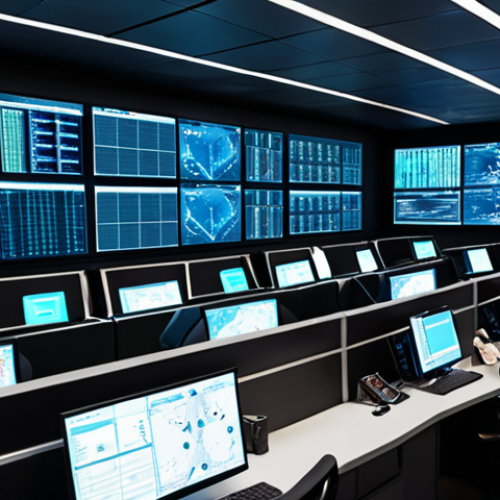 **Prompt:** A futuristic security operations center (SOC) with holographic displays showing AI algorithms analyzing threat data in real-time. Security analysts are collaborating using AI-powered SOAR platforms to predict and respond to cyberattacks. The scene emphasizes predictive threat detection and adaptive incident response, showcasing the convergence of AI and SOAR for enhanced security decision-making.