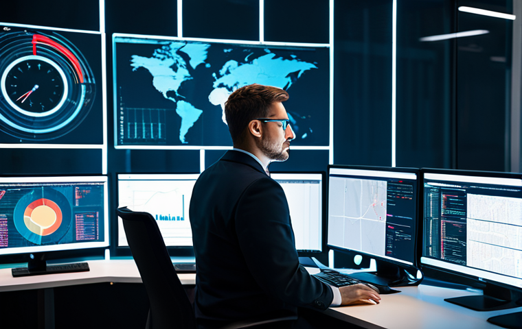 Proactive Threat Hunting**
"A cybersecurity analyst, fully clothed in professional attire, working at a desk with multiple monitors displaying complex data visualizations of network traffic. The environment is a modern security operations center, filled with glowing screens and focused individuals. Focus on anomaly detection and advanced analytics. Safe for work, appropriate content, perfect anatomy, correct proportions, professional, high-quality rendering."
**