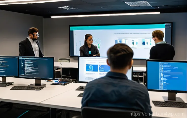 보안 오케스트레이션 자동화의 변화 관리 - **Prompt:** A brightly lit, contemporary training room where an experienced cybersecurity mentor, a ...