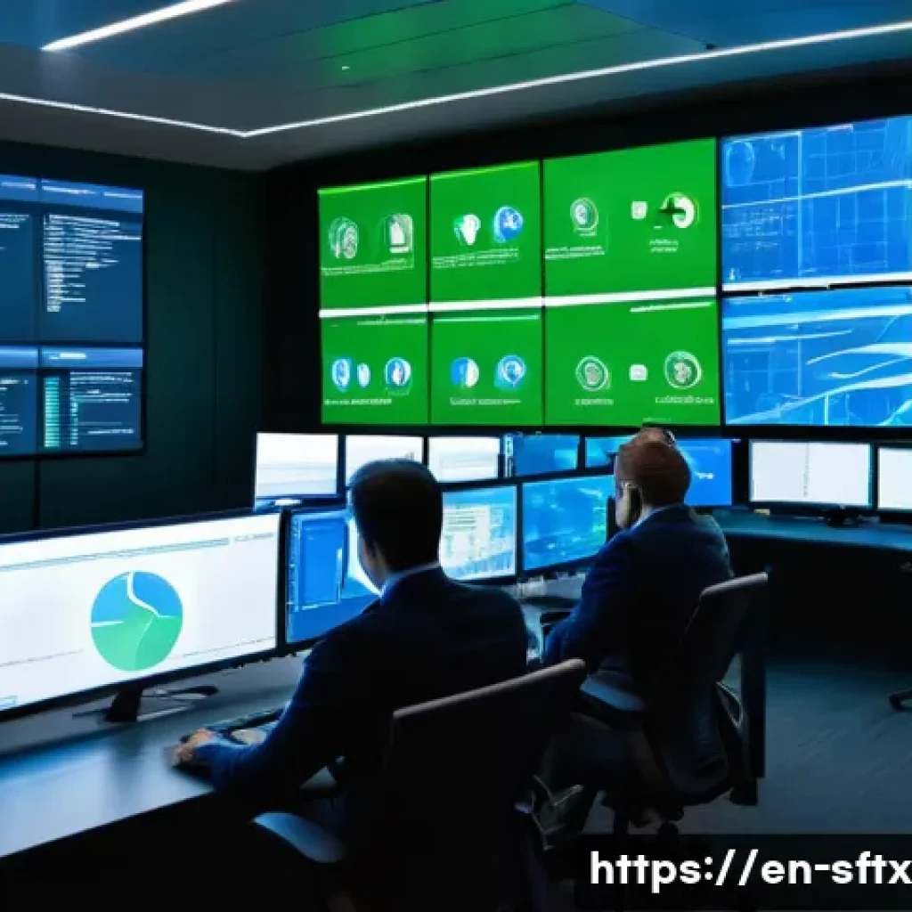 보안 오케스트레이션과 사고 대응 - A high-tech cybersecurity operations center with diverse security professionals collaborating in fro...
