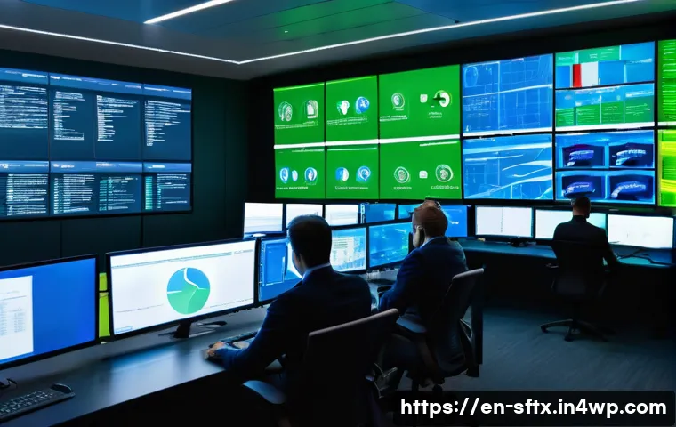 보안 오케스트레이션과 사고 대응 - A high-tech cybersecurity operations center with diverse security professionals collaborating in fro...