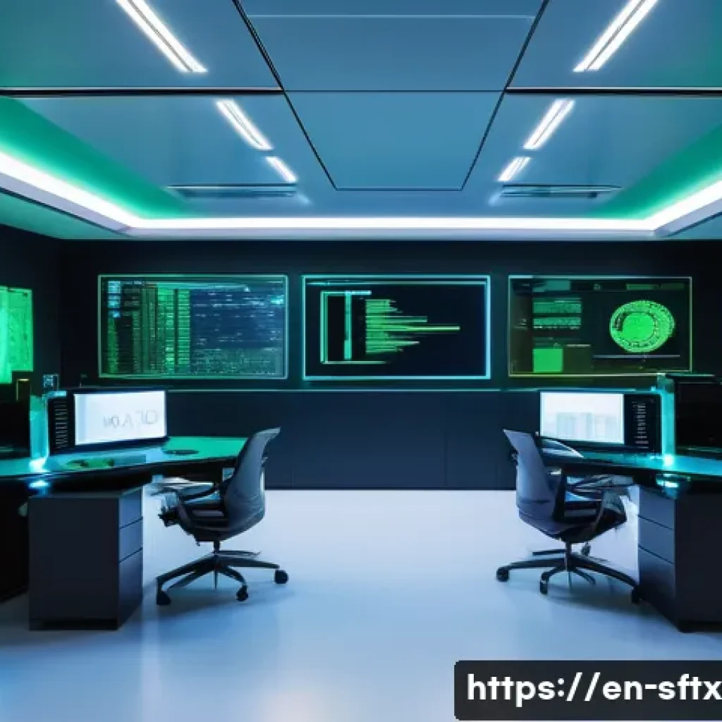 보안 오케스트레이션 자동화의 기술적 요구사항 - A futuristic cybersecurity operations center featuring multiple large transparent digital screens di...