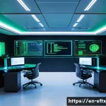 Home 22 보안 오케스트레이션 자동화의 기술적 요구사항 - A futuristic cybersecurity operations center featuring multiple large transparent digital screens di...
