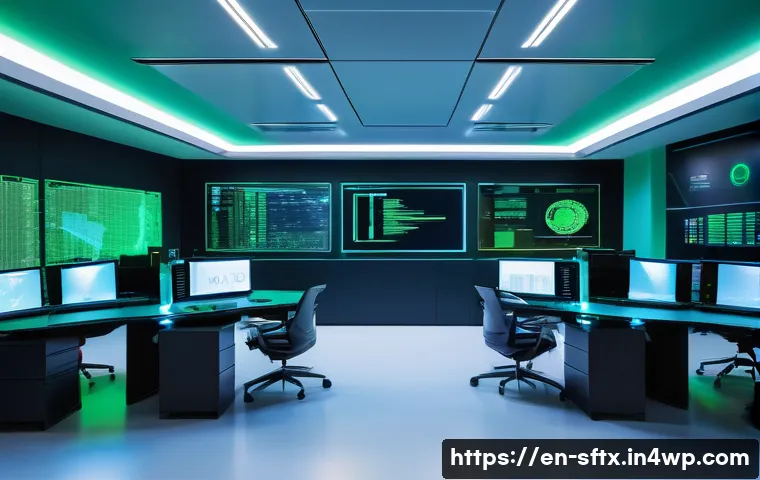 보안 오케스트레이션 자동화의 기술적 요구사항 - A futuristic cybersecurity operations center featuring multiple large transparent digital screens di...