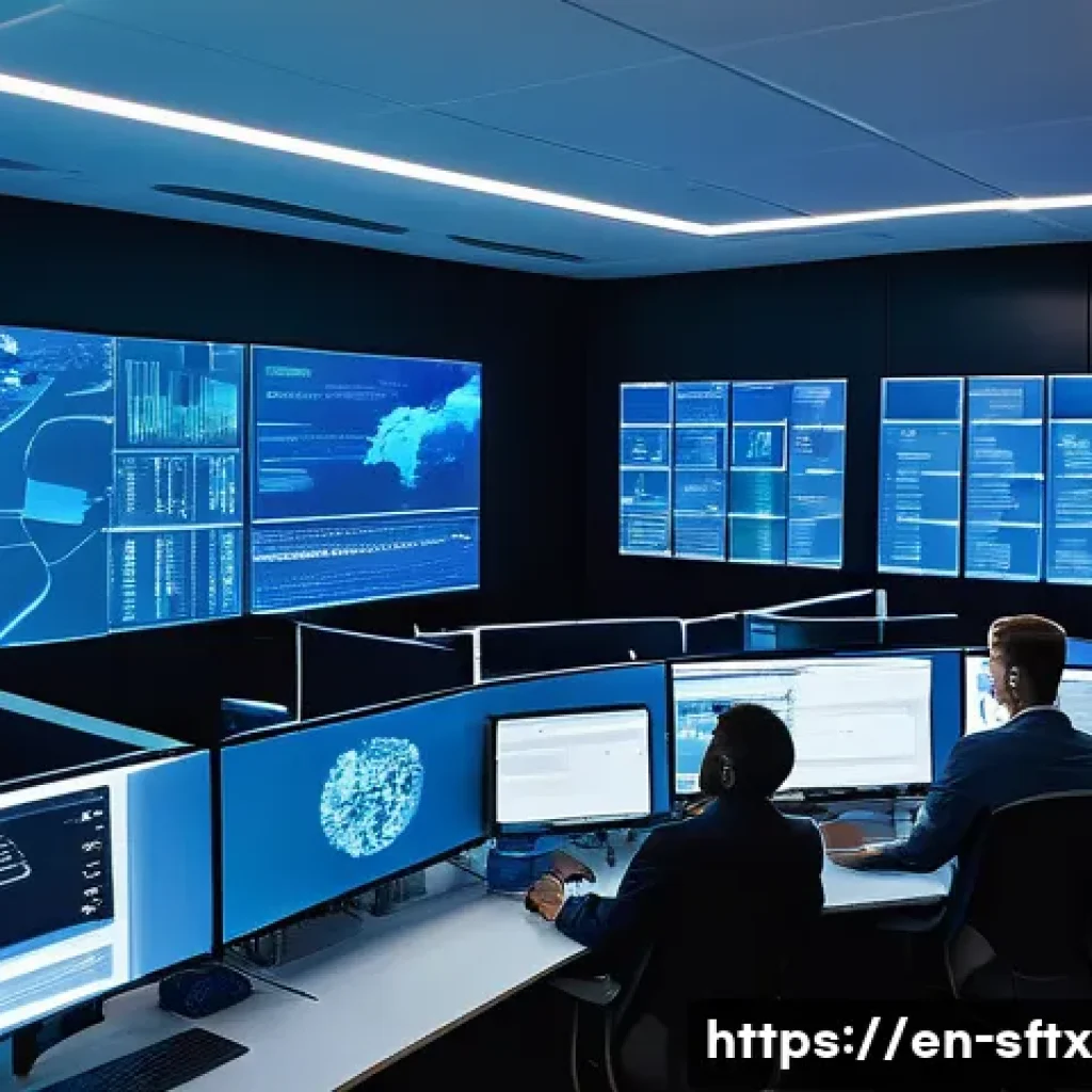 보안 오케스트레이션 자동화의 도전 과제 - A high-tech cybersecurity operations center with multiple large transparent digital screens displayi...
