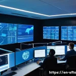 Home 20 보안 오케스트레이션 자동화의 도전 과제 - A high-tech cybersecurity operations center with multiple large transparent digital screens displayi...