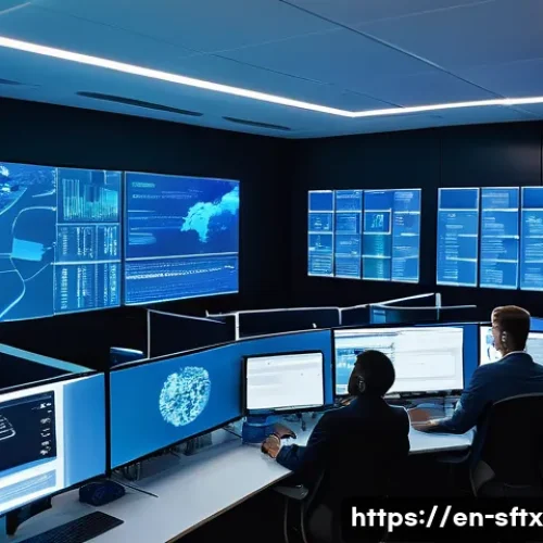 Home 32 보안 오케스트레이션 자동화의 도전 과제 - A high-tech cybersecurity operations center with multiple large transparent digital screens displayi...