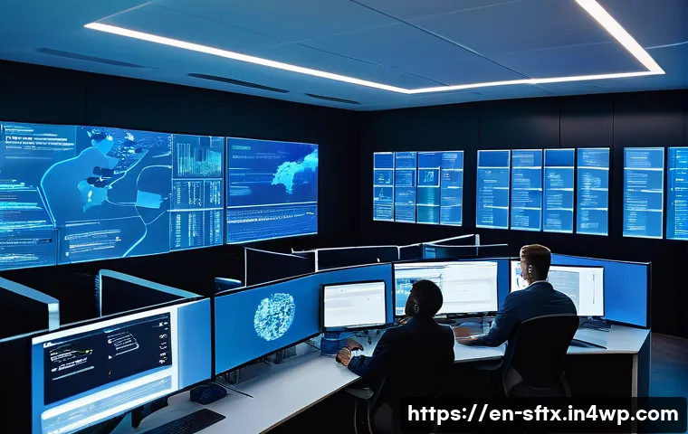 보안 오케스트레이션 자동화의 도전 과제 - A high-tech cybersecurity operations center with multiple large transparent digital screens displayi...