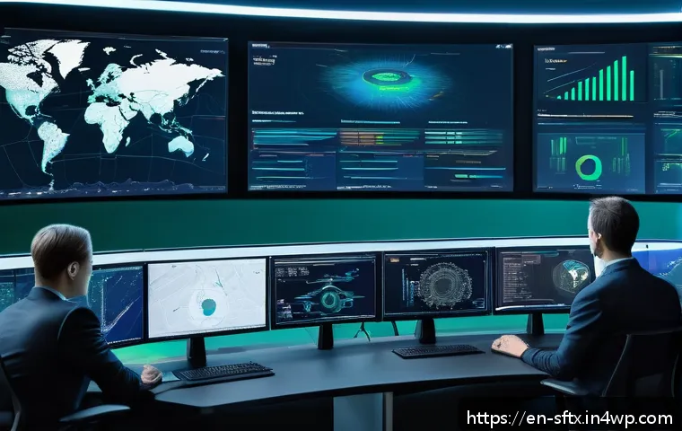 보안 오케스트레이션의 최적화 기술 - A high-tech cybersecurity operations center with diverse analysts working intensely at multiple larg...