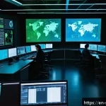 Home 18 보안 오케스트레이션 자동화의 성공적인 도입 사례 - A futuristic security operations center (SOC) room bustling with diverse cybersecurity analysts work...