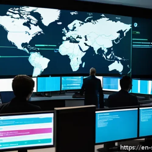 Home 17 보안 오케스트레이션 자동화의 성과 개선 사례 - A futuristic cybersecurity operations center with multiple large transparent screens displaying real...
