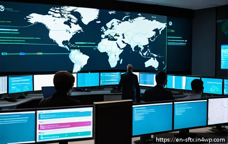 보안 오케스트레이션 자동화의 성과 개선 사례 - A futuristic cybersecurity operations center with multiple large transparent screens displaying real...