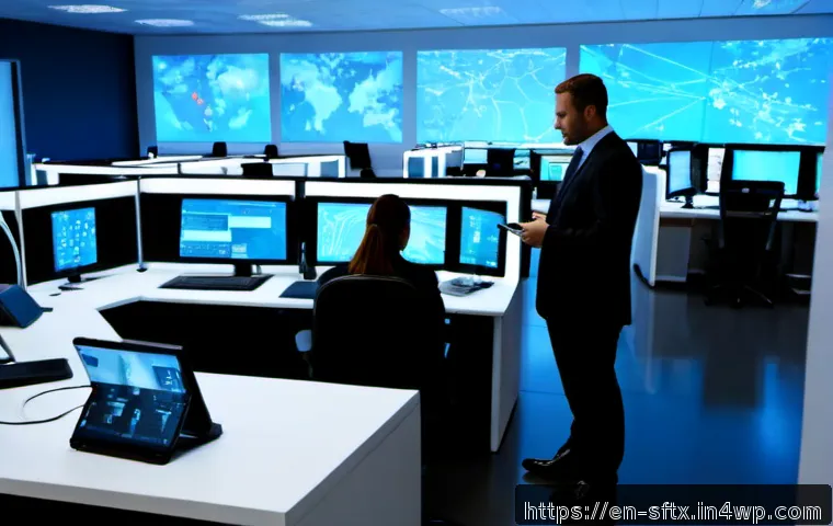 Home 17 기업을 위한 보안 오케스트레이션 자동화 전략 - Photorealistic modern corporate security operations center, diverse cybersecurity team in smart busi...