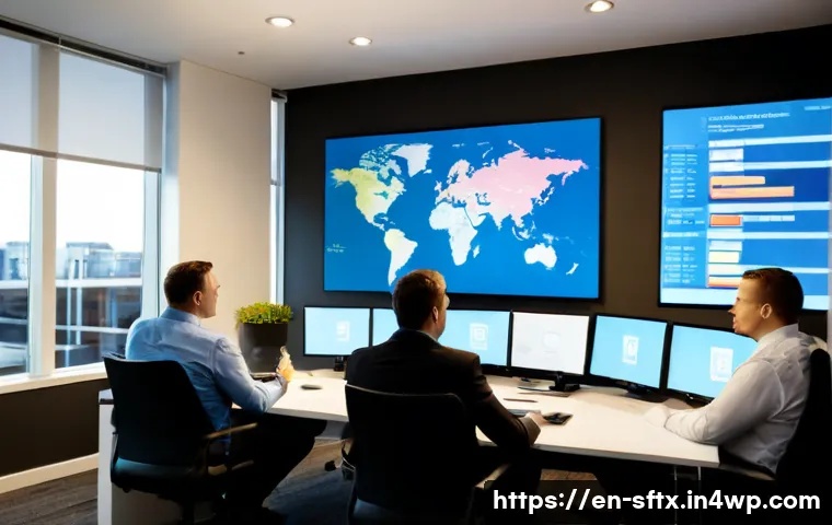 Home 17 보안 오케스트레이션의 커뮤니케이션 전략 - Photorealistic cybersecurity operations meeting in a modern North American office, diverse team of s...